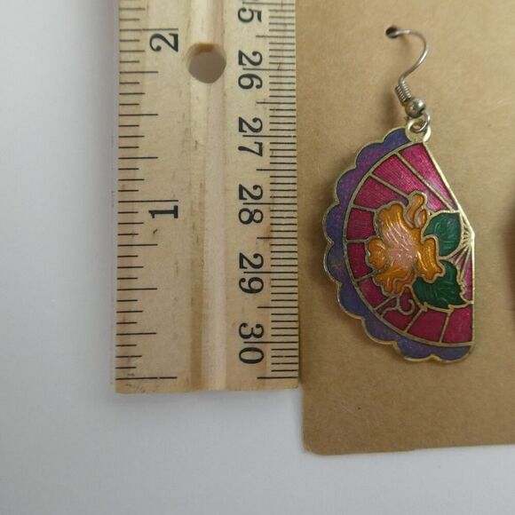 Vintage Cloisonne Dangle Fishhook Flower Floral Colorful Earrings Pierced Boho - Picture 4 of 6